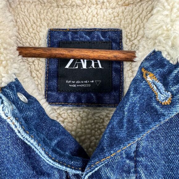Zara Men's Bomber Jacket Size S Blue Denim Sherpa Lined Casual - Picture 2 of 5